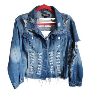 Thrill Jeans L Womens Distressed Denim‎ Jacket Blue Large Biker Streetwear Punk